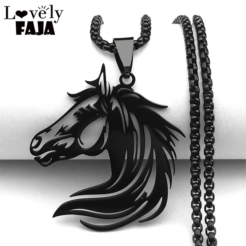 Black Horse Head Pendant Necklace — Stainless Steel