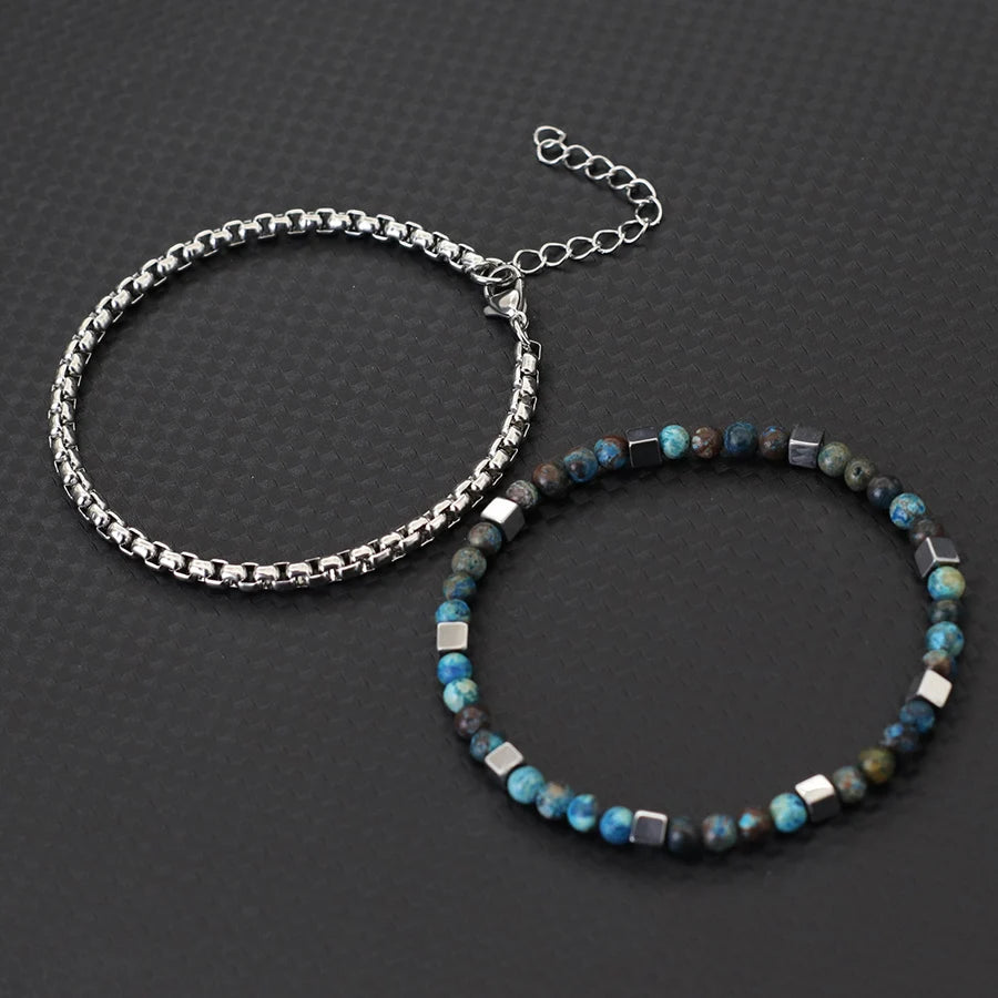 Punk 2Pcs/set Natural Stone Bracelet Men Stainless Steel Chain Tiger Eyes Hematite Beaded Braslet Cool Boyfriend Gifts For Him