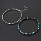 Punk 2Pcs/set Natural Stone Bracelet Men Stainless Steel Chain Tiger Eyes Hematite Beaded Braslet Cool Boyfriend Gifts For Him