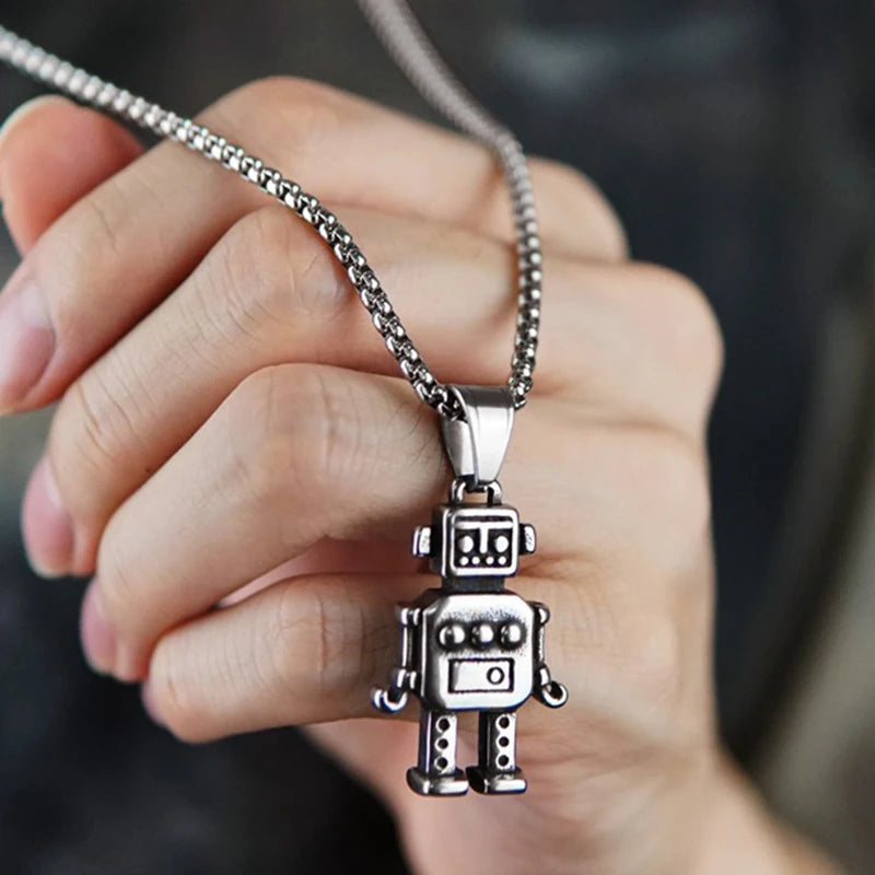 Silver Vintage Robot Pendant Necklace Box Chain