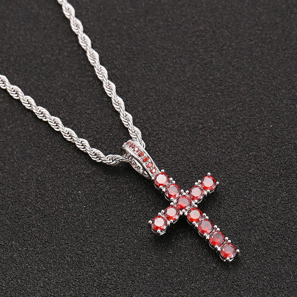 Two-Tone Iced Out Cross Pendant Red Zircon