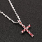 Two-Tone Iced Out Cross Pendant Red Zircon