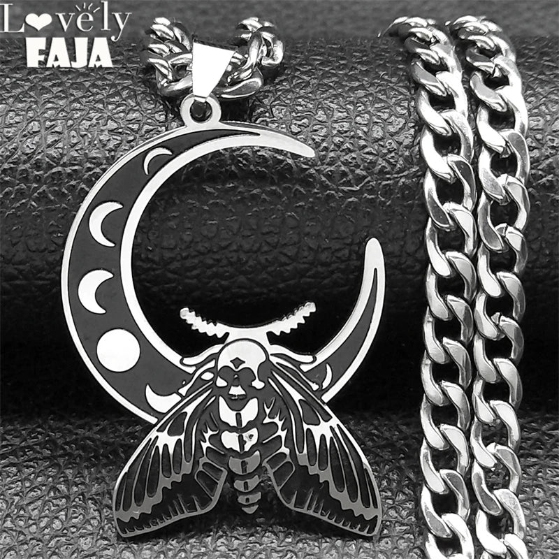 Wicca Moon Moth Pendant — Stainless Steel