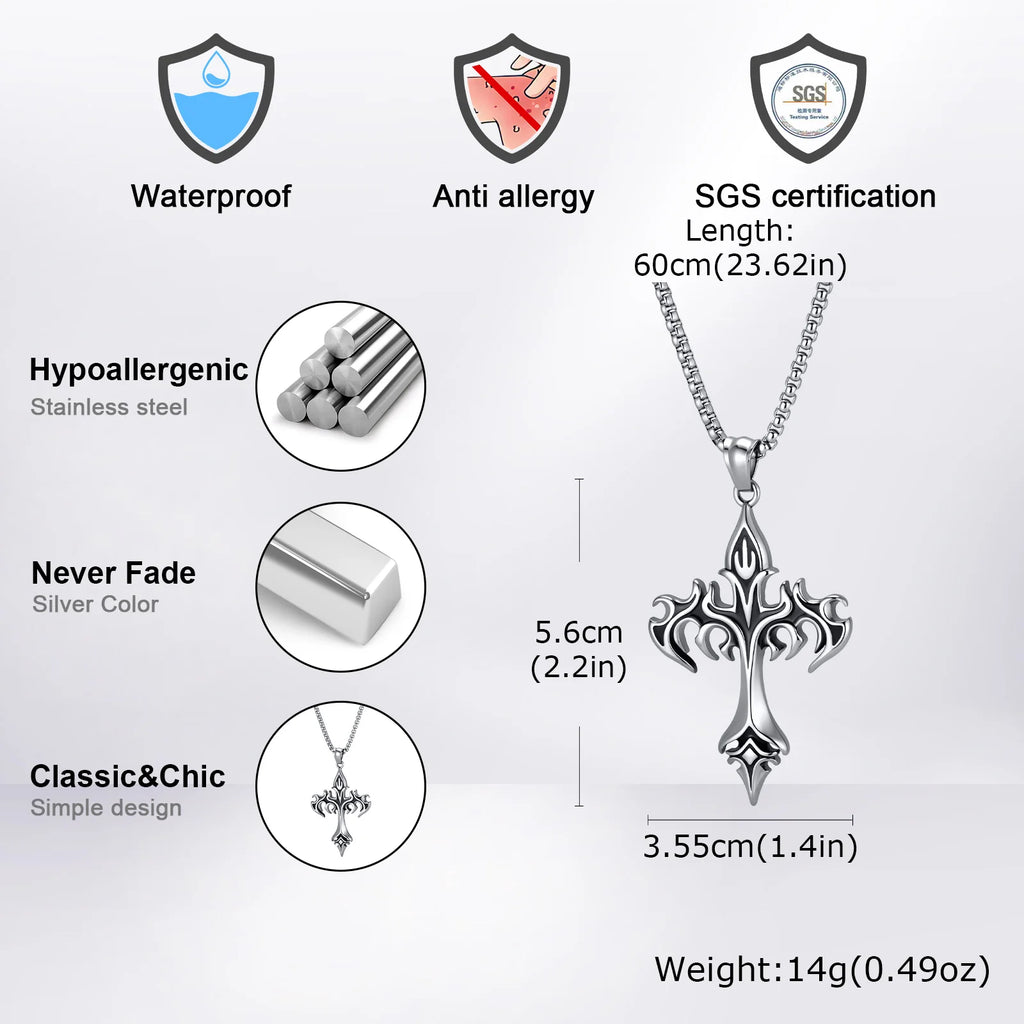 Gothic Hip Hop Flame Cross Pendant Necklace for Men, Silver Color Stainless Steel Non-fading Necklace,Waterproof