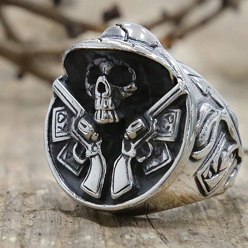 Cowboy Double Gun Skull Ring — Stainless Steel