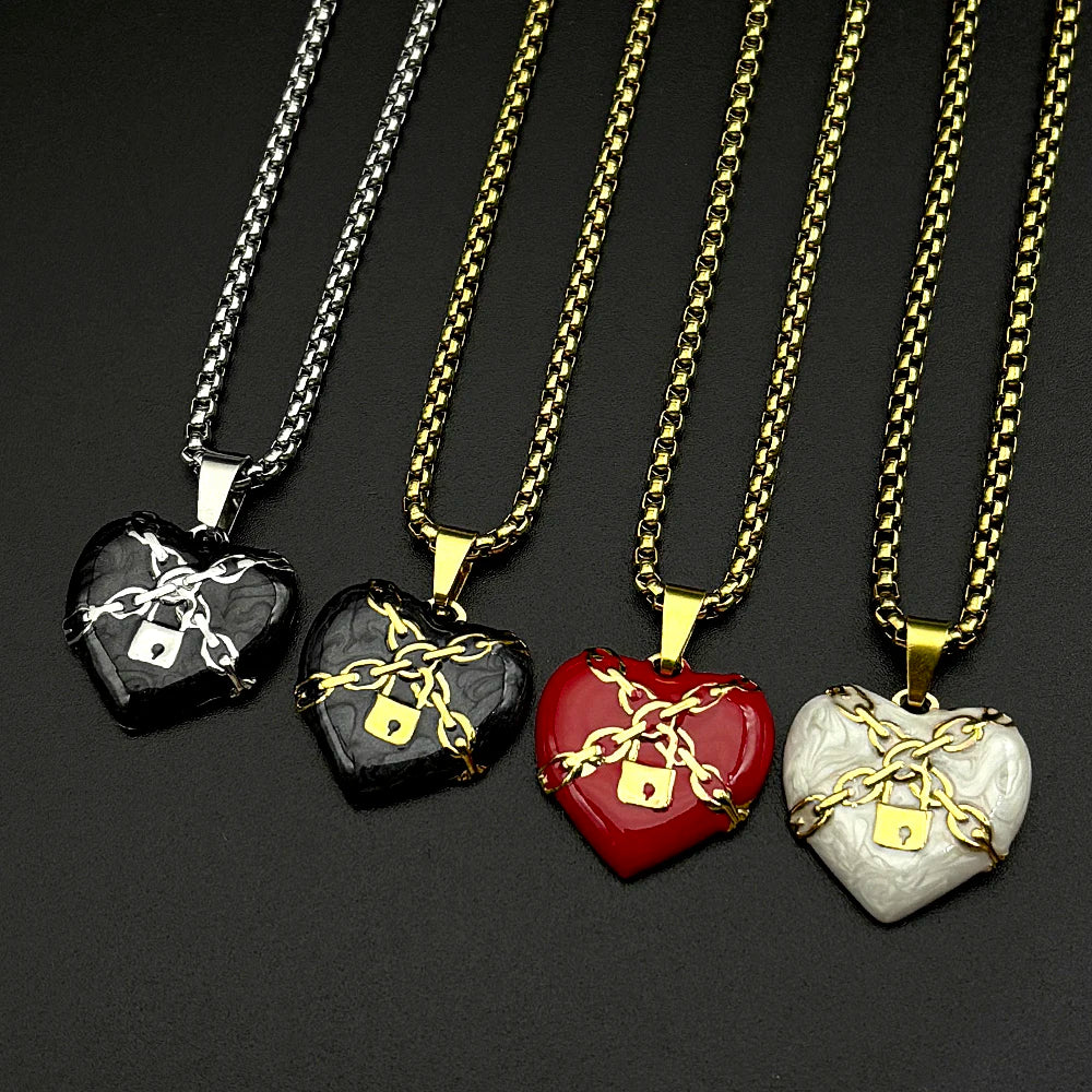Punk Rock Lock Heart Pendant Necklace For Men Stainless Steel Cool Hip Hop Street Vintage Goth Accessories Trendy Chain Jewelry