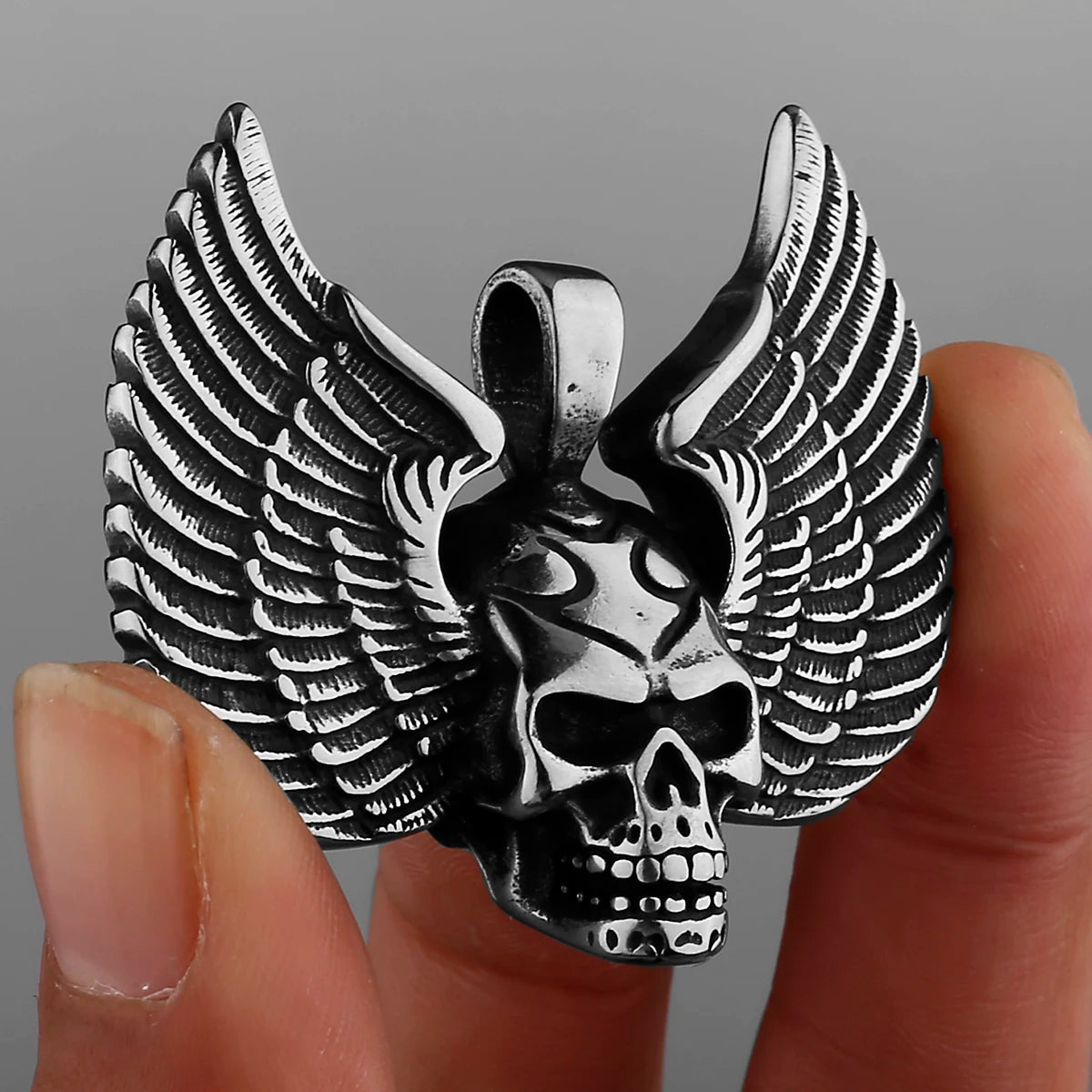 Angel Wings Skull Pendant Ghost Head Necklace for Men High Quality Punk Charm Stainless Steel Necklace Boyfriend