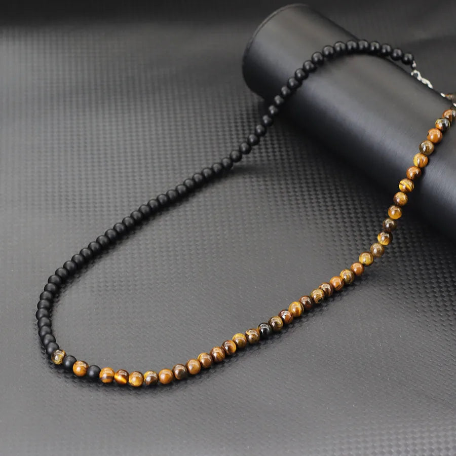 Stylish 6mm Stone Healing Necklace For Men 24 Inches Long Collar Stainless Steel Buckle Black White Yin Yang Bicolor