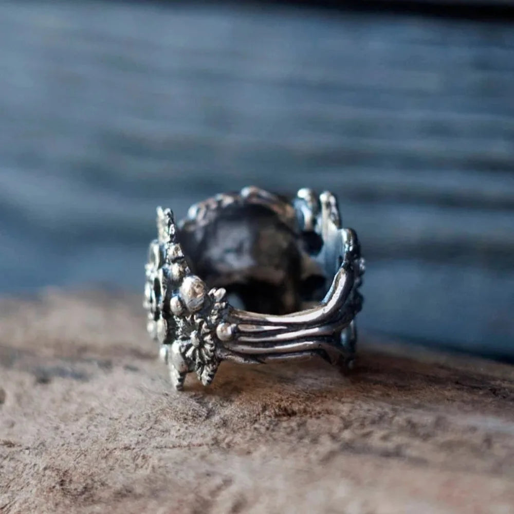 Sugar Skull Flower Ring for Men and Women — Gothic Statement Band