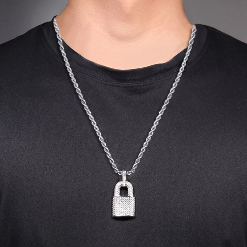 Huitan Hip Hop Lock Pendant Necklace for Women Men Full with Bling Bling CZ Statement Rock Neck Accessories Female Male Jewelry