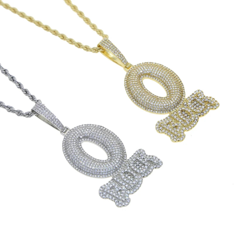 Iced Out Letter O Block Pendant Bling Cubic Zirconia Micro Pave Cz Paved Hip Hop Men Boy Rope Chain Jewelry