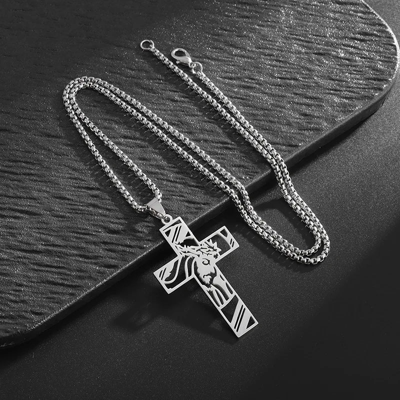 Gold Cross Jesus Pendant Necklace Minimal Box Chain