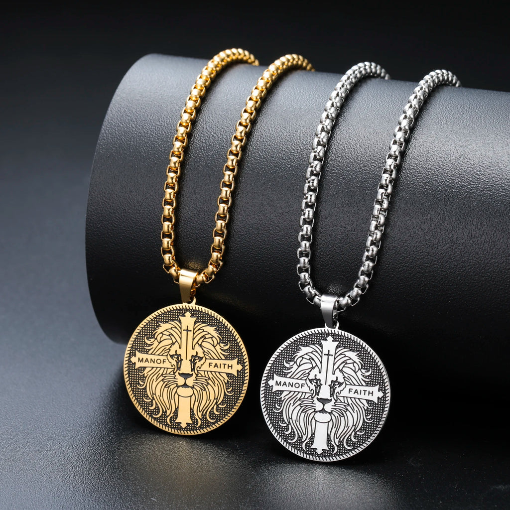 Cazador Vintage Man of Faith Lion Cross Pendant Necklace for Women Men Stainless Steel Box Chain Christian Faith Jewelry Gifts