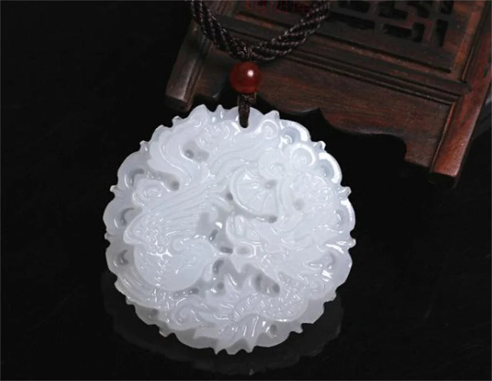 Natural White Afghan Stone Jade Carved Chinese Dragon Phoenix Lucky Pendant Amulet Necklace Charm Gift Jewelry