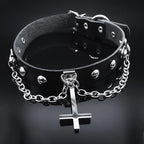 Gothic Cross Leather Choker Necklace — Stainless Steel