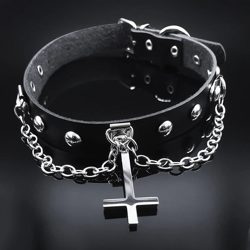 Gothic Cross Leather Choker Necklace — Stainless Steel