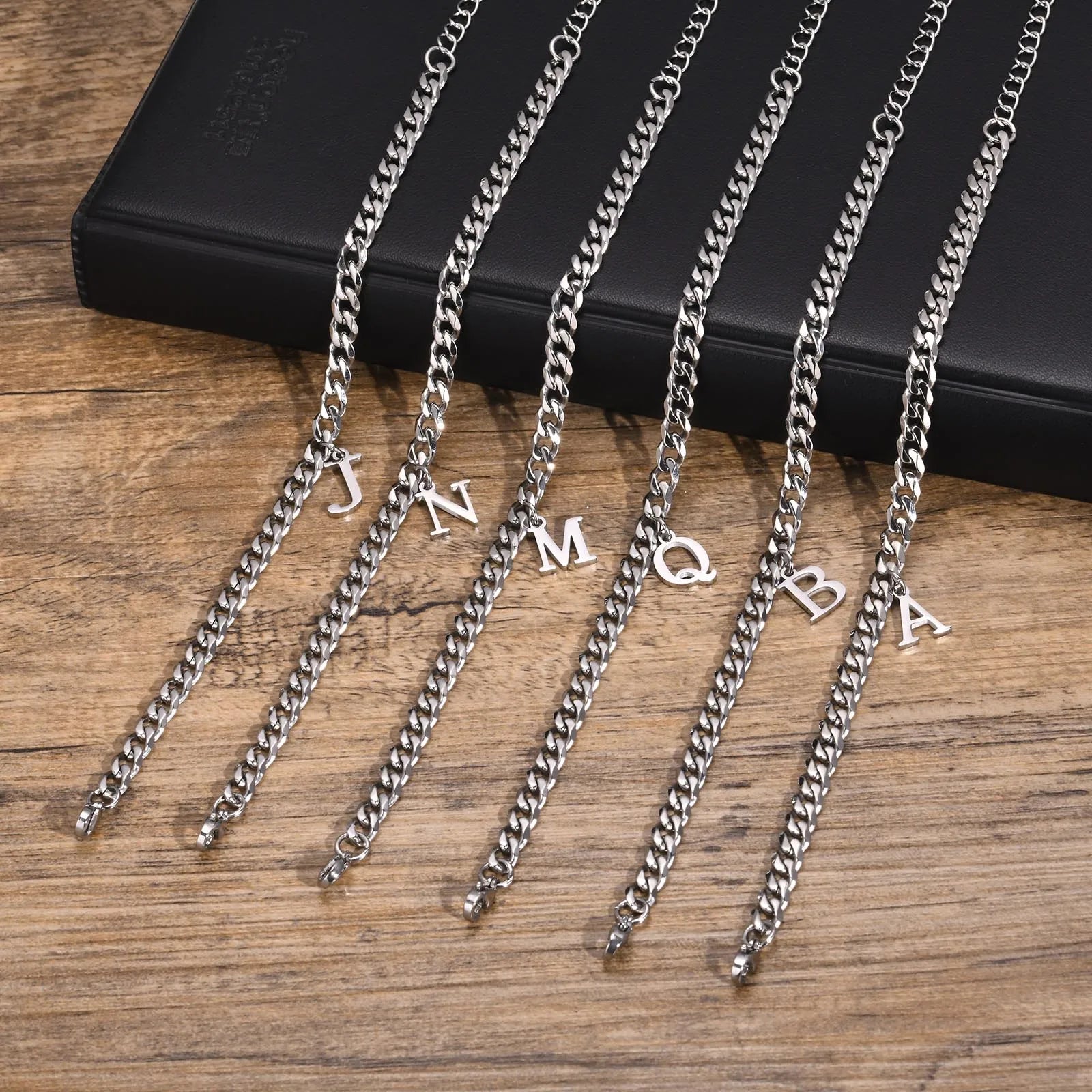 Vnox A-Z Initial Bracelets for Men Women, Never Fade Silver Color Stainless Steel Cuban Chain Bracelet with 26 Letter