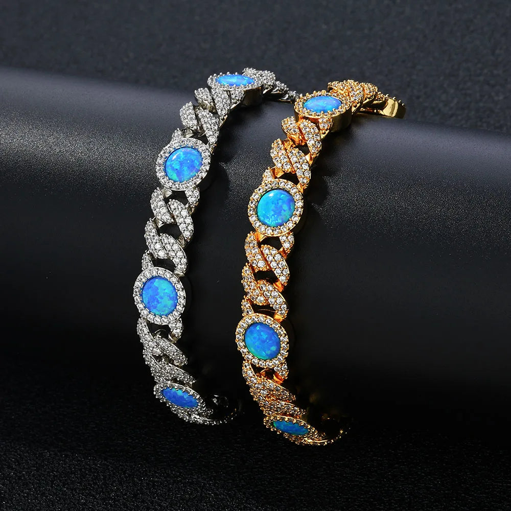 Cuban Iced Out Gold Necklace Blue Opal CZ