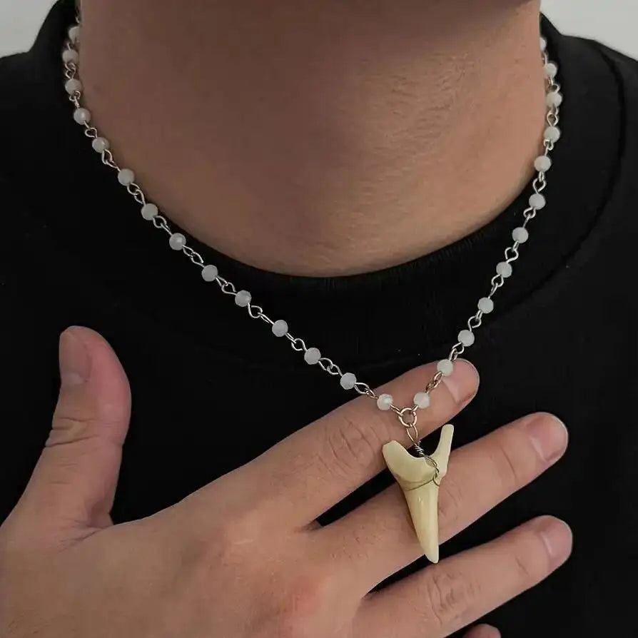 SHIXIN Vintage Exquisite Crystal Beaded Chain Shark Tooth Pendant Necklace Men Trendy Summer Beach Geometric Choker Neck Jewelry