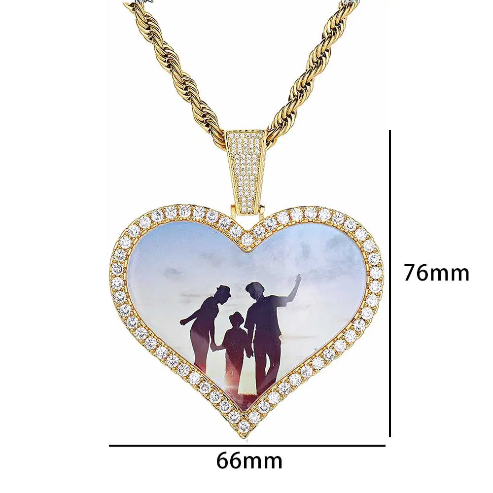 Iced Out Heart Photo Pendant Necklace
