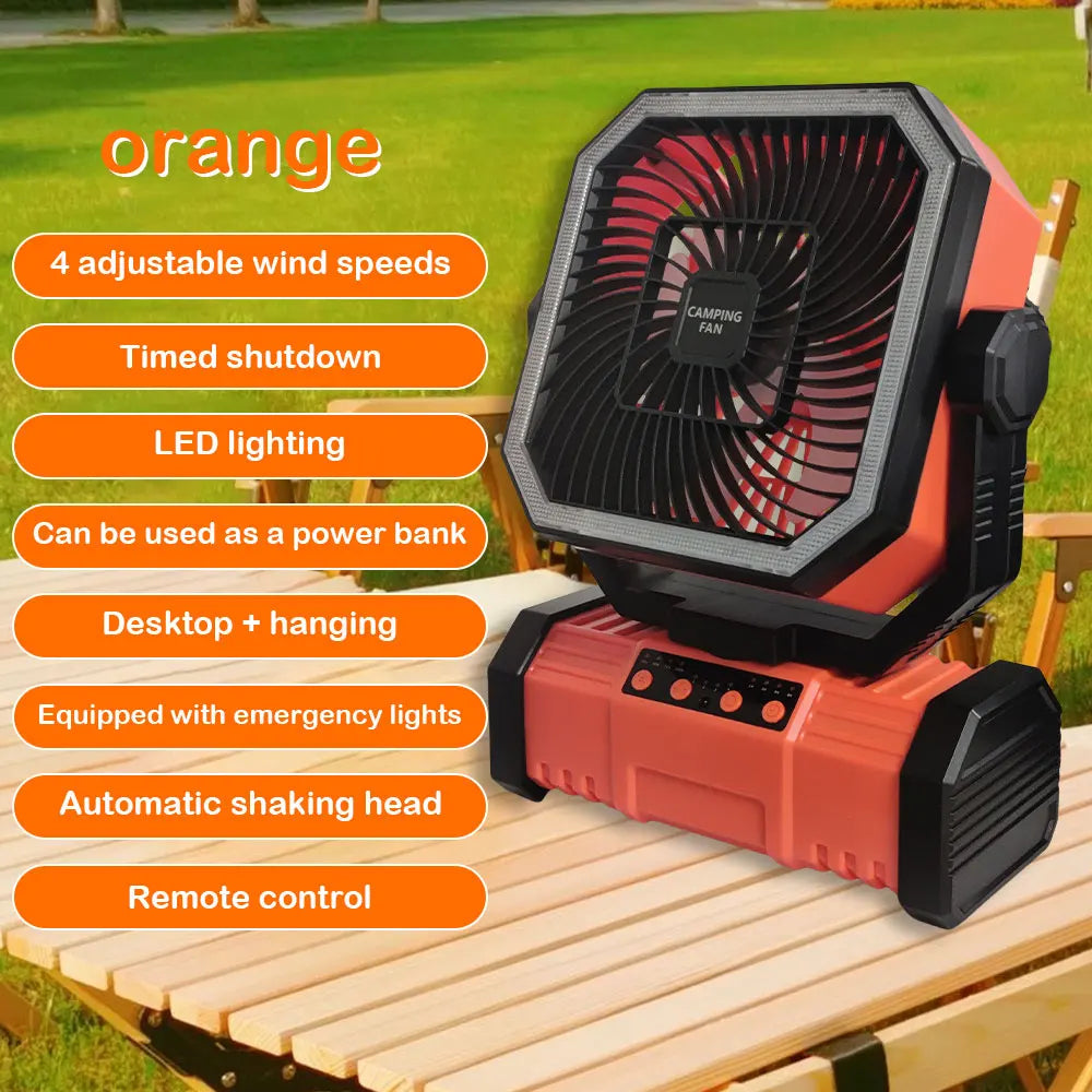 20000 mAh wireless battery-powered camping fan with LED light and remote control, 4 speeds, timer function, USB