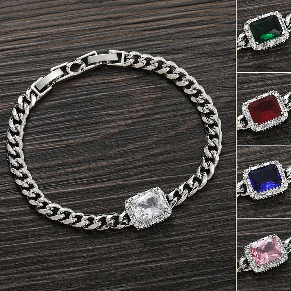 Iced Out Cuban Bracelet Stainless Steel Square Stone