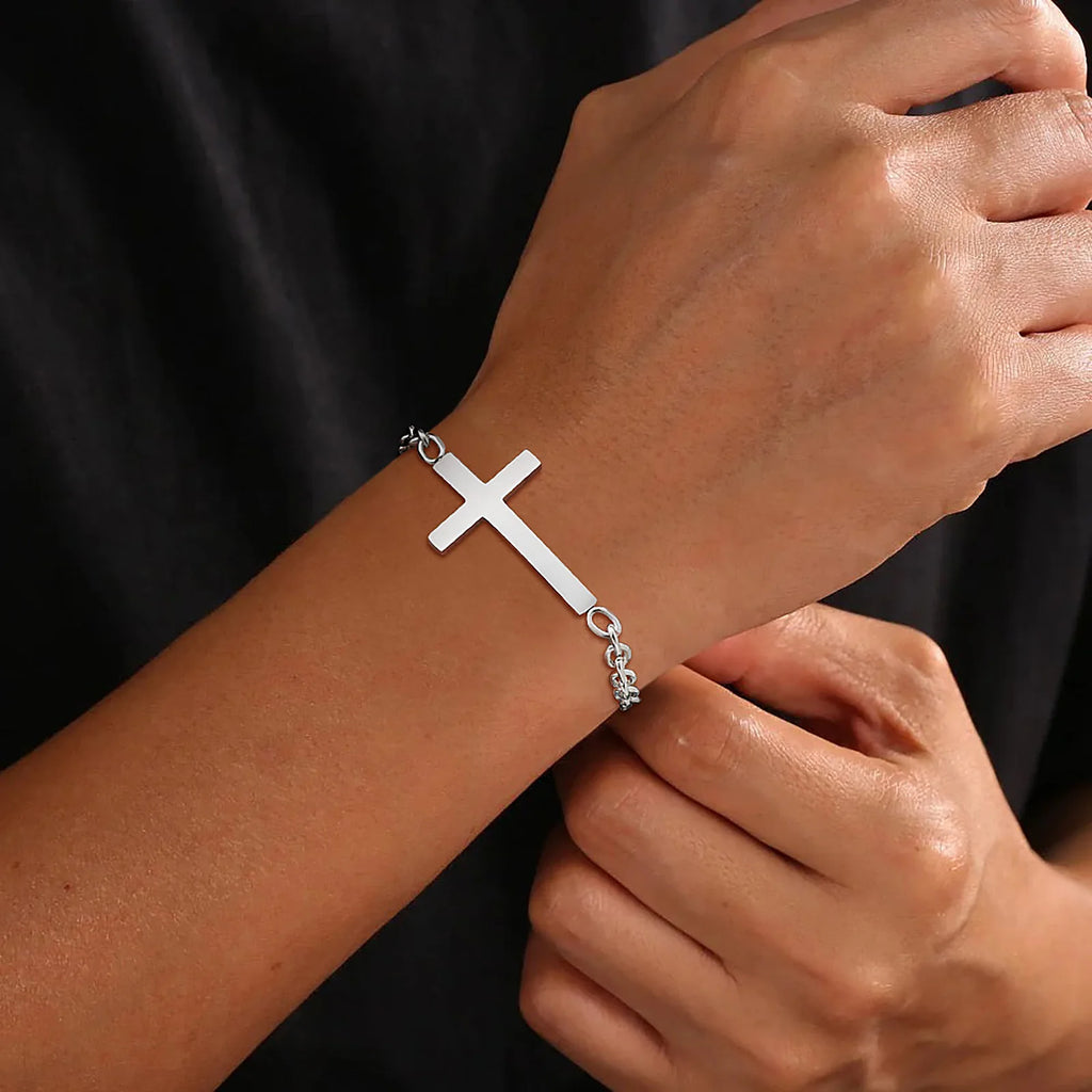 Vnox Stainless Steel Mens Cross Bracelets, Adjustable Rolo Link Chain Wristband, Christ Faith Jewelry Gift