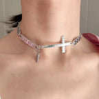 Retro Punk Choker Necklace Y2K Grunge Rock Hip Hop Necklace Silver Cross Pendant Chain Jewelry Necklace For Ladies For