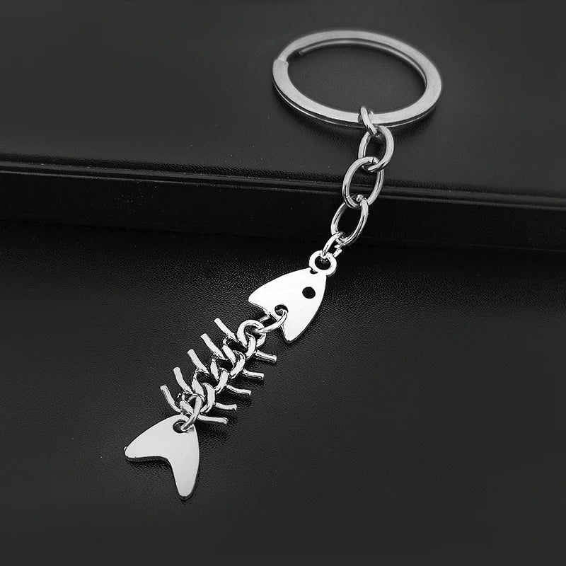 Fish Bone Keychain — Metal Key Holder, Silver & Enamel