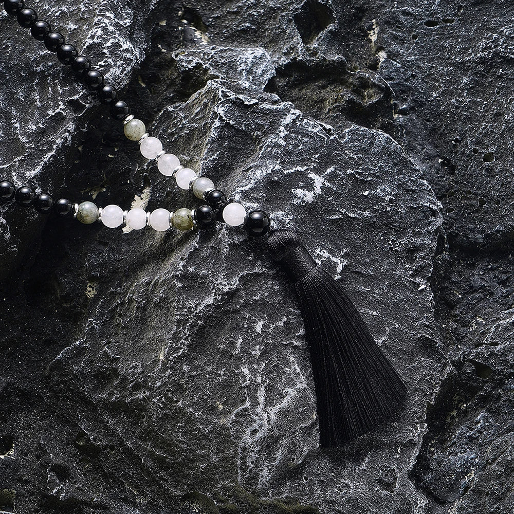 Black Onyx Labradorite Beads,108 Mala Necklace,Meditation,Yoga Prayer Jewelry, Japamala Rosary for Men and Women, 8mm