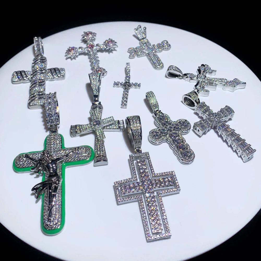 New Iced Out Bling CZ Cross Pendant Necklace Silver Color Prong Setting Cubic Zirconia Jesus Charm Men Women Hip Hop