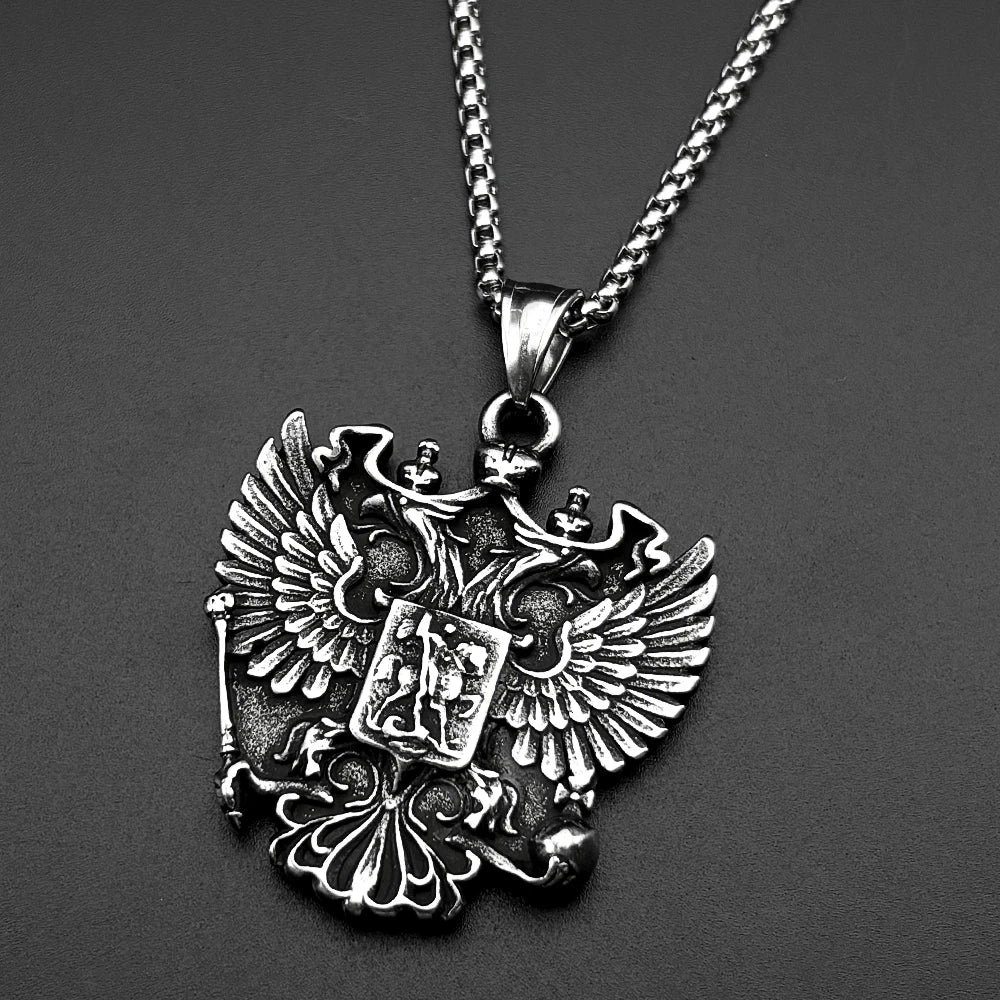 Russian Double-Headed Eagle National Emblem Symbol Pendant Necklaces for Women Men Silver Color Stainless Steel Jewelry Gift