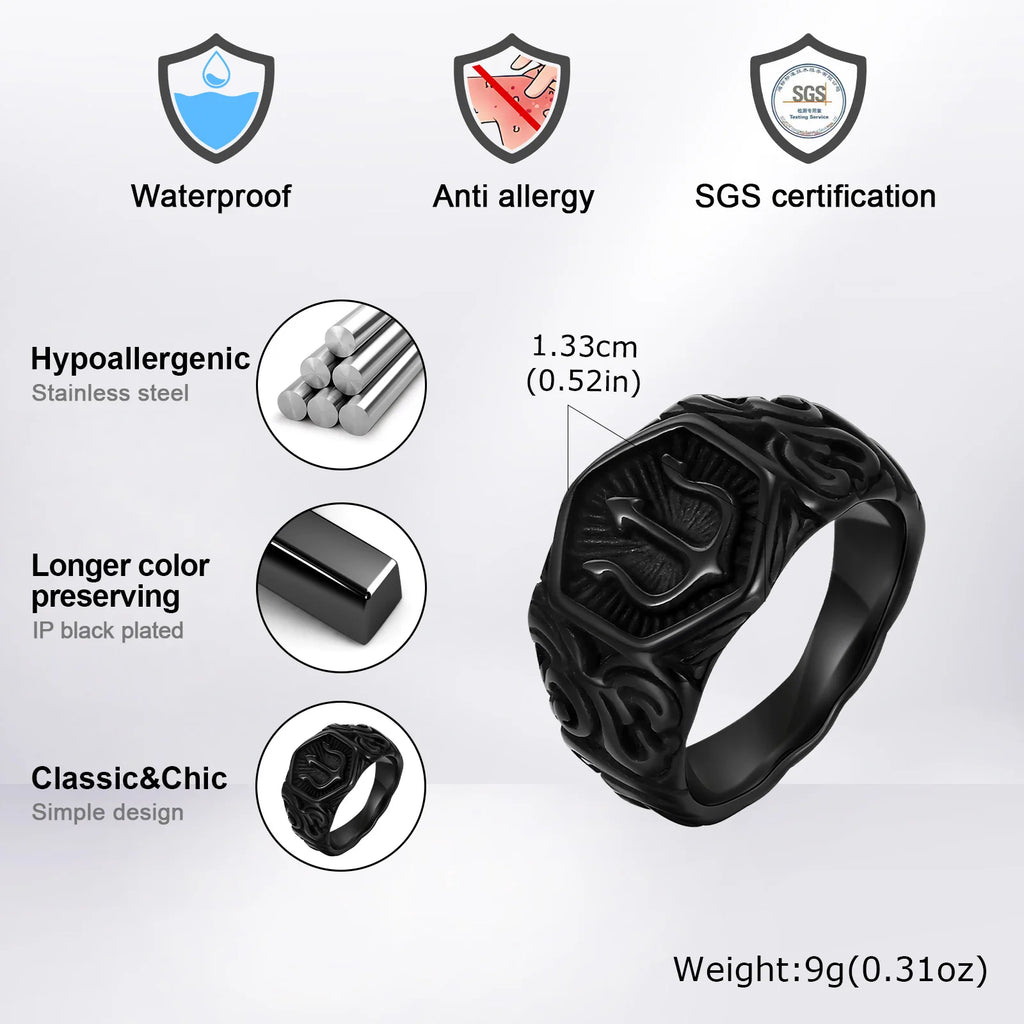 Trident Stamp Black Signet Ring — Stainless Steel