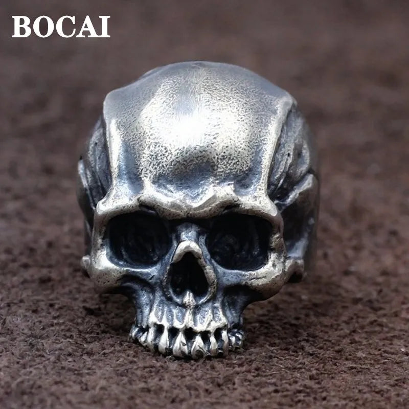 BOCAI New Punk Rock Skull Ring for Man Real S925 Silver Handmade Retro Personality Domineering Tough Guy Jewelry Accessory