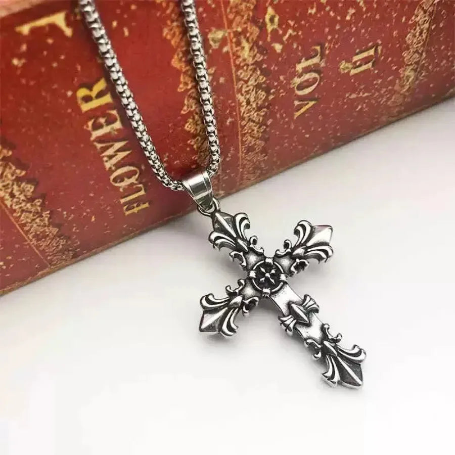 Fashion Stainless Steel Jewelry Set for Men Unisex Vintage Silver Color Cross Pendant Necklace, Bracelet Sets Punk