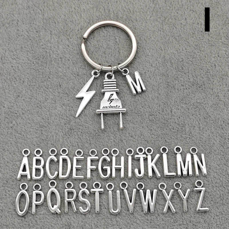 Fashion A-Z Letter Charm Lightning Bolt Plug Electrician Keychain for Electrical Worker Bag Car Keyring Gifts