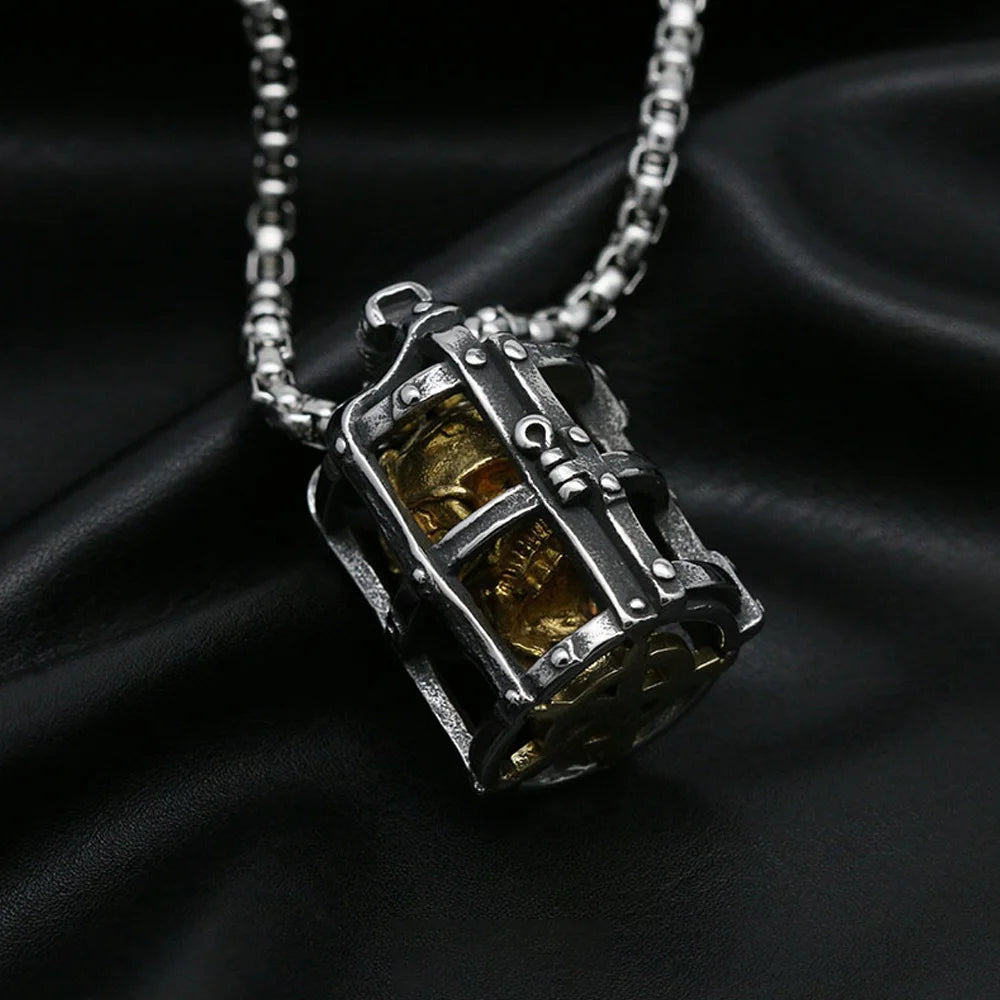 Gothic Cage Skull Pendant Necklace — Gold-Tone, Stainless Steel