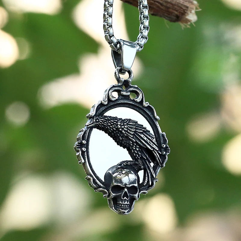 Gothic Crow Skull Stainless Steel Pendant Necklace