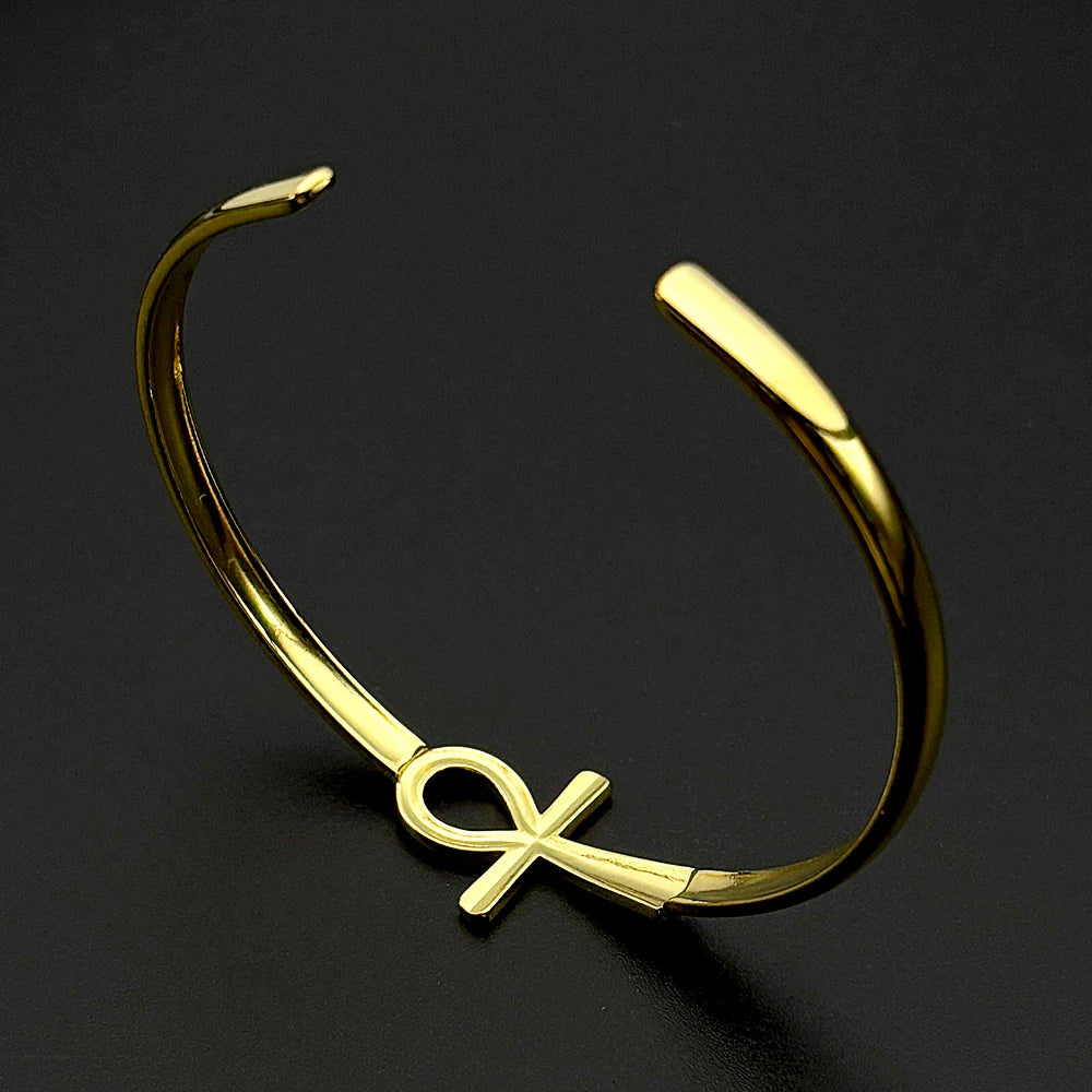 Ancient Egyptian Ankh Cross Key of Life Symbol Open Cuff Bangle for Women Men Stainless Steel Egypt Adjustable Bracelet Jewelry