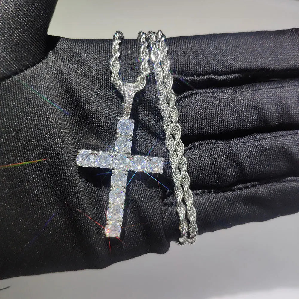 Fashion Simple Bling Cross Jewelry Iced Out Cubic Zirconia Diamond 18k White Gold Plated Cross Pendant Necklace For Men Women