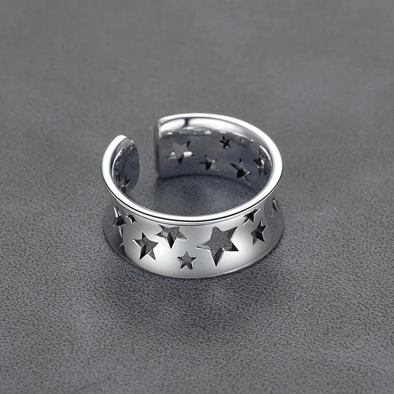 Hollow Stars Open Ring for Women — Concave Silver-Tone Band
