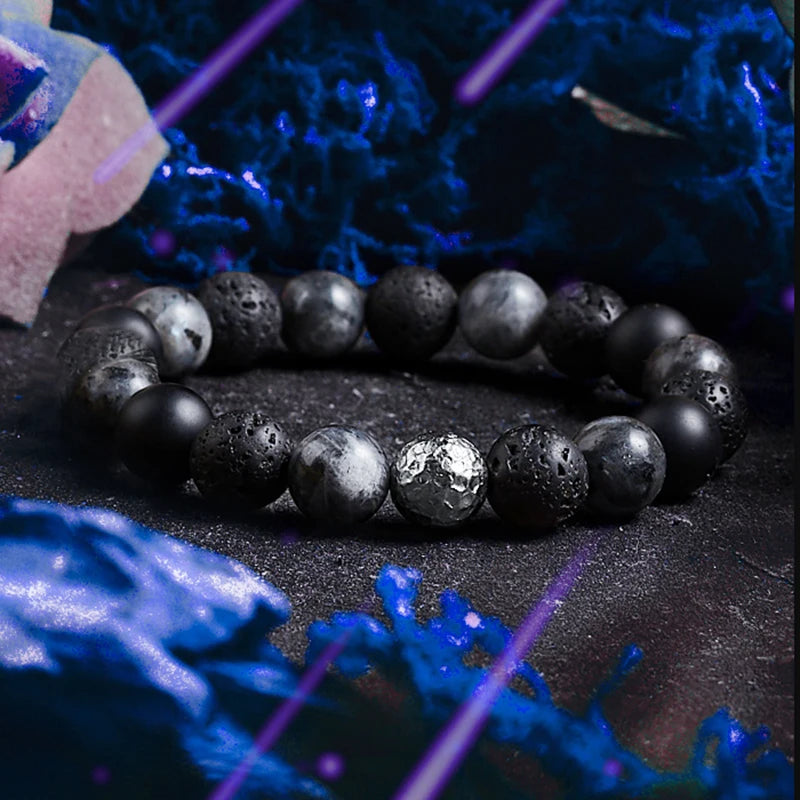 Block Volcanic Lava Stone Bracelet Men Black Classic Matte Obisidian Labradorite Bead Jewelry Women Birthday Gift for