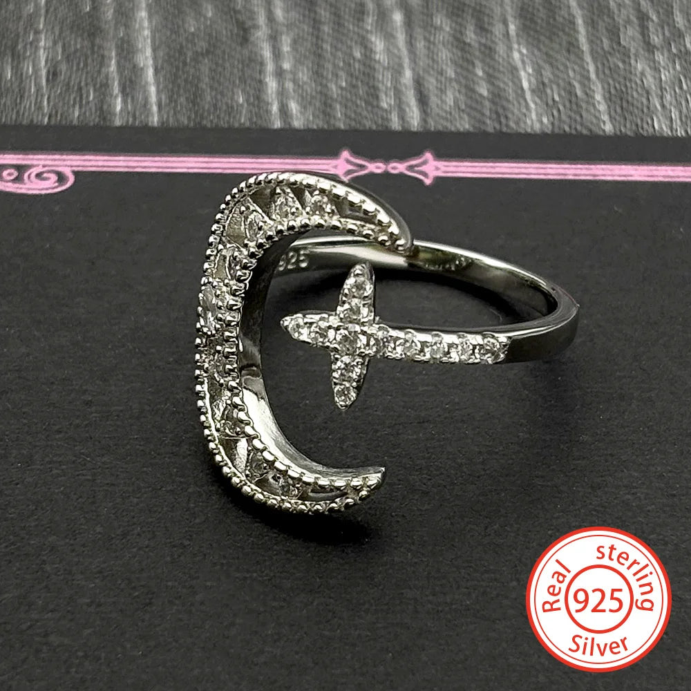 Cross Star Silver Ring Sterling Zircons Moon Finger