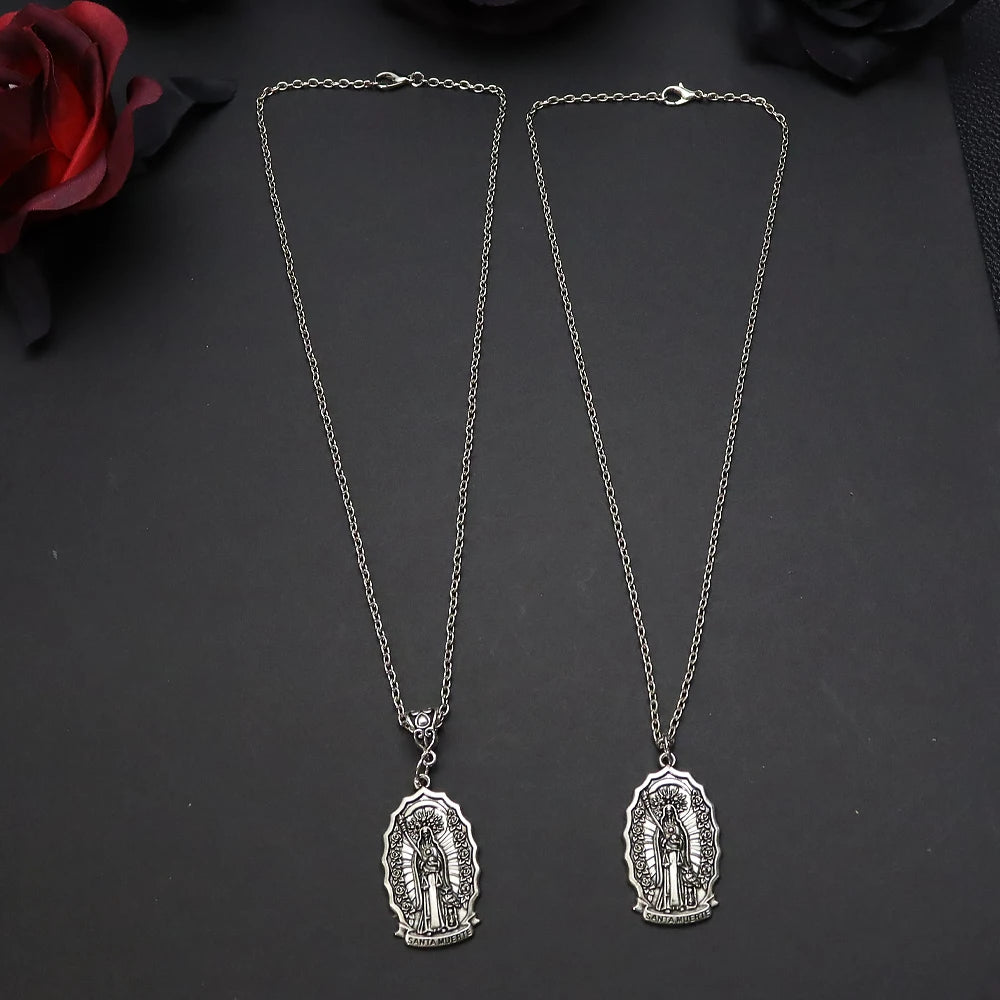 Santa Muerte Pendant Necklace, Gothic Death Saint Medal Necklace with Rose Border, Occult Dark Aesthetic Jewelry for