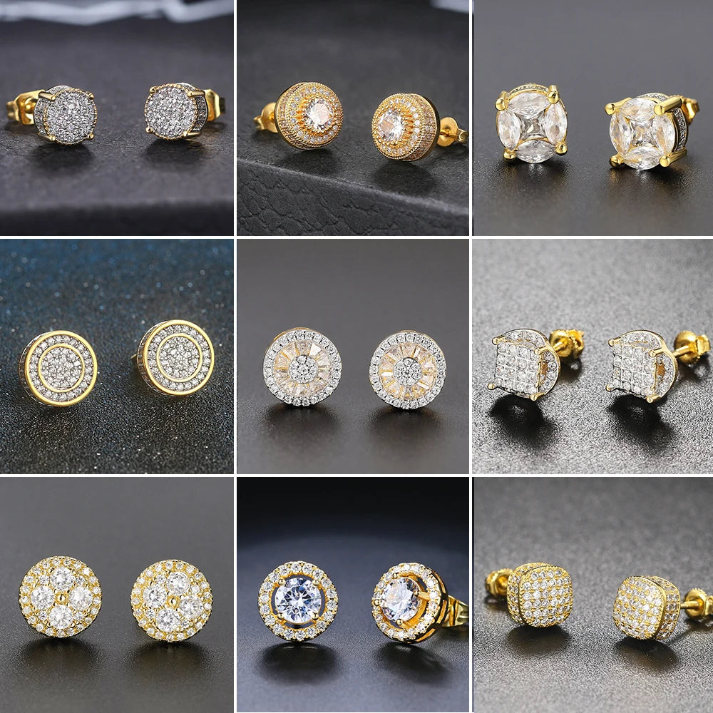 Iced Out Round Stud Earrings — Gold
