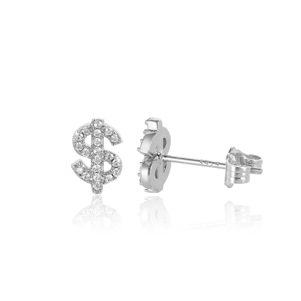 Iced Out Dollar Sign Stud Earrings Stainless Steel