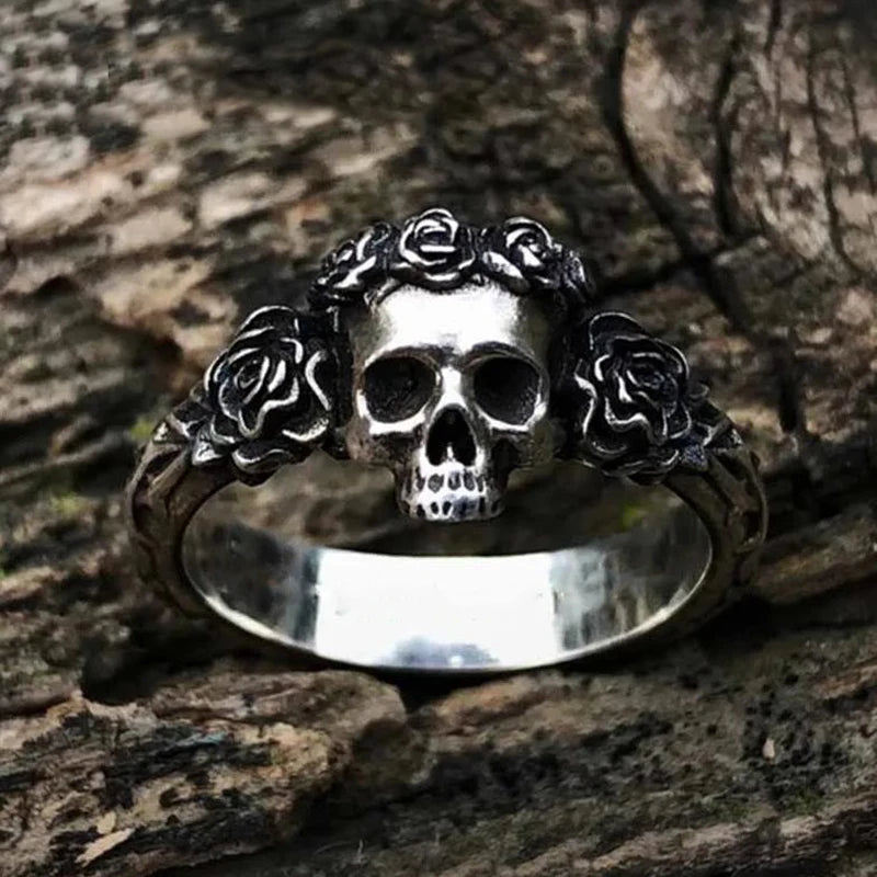 Unique Black Mens Flower Skull Ring 316L Stainless Steel Heavy Rings for Men Male Bijoux Punk Biker Fashion Party