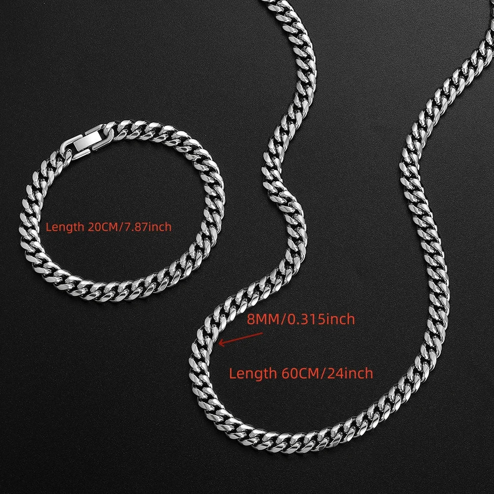 8mm Cuban Chain Necklace Bracelet Set — Stainless Steel