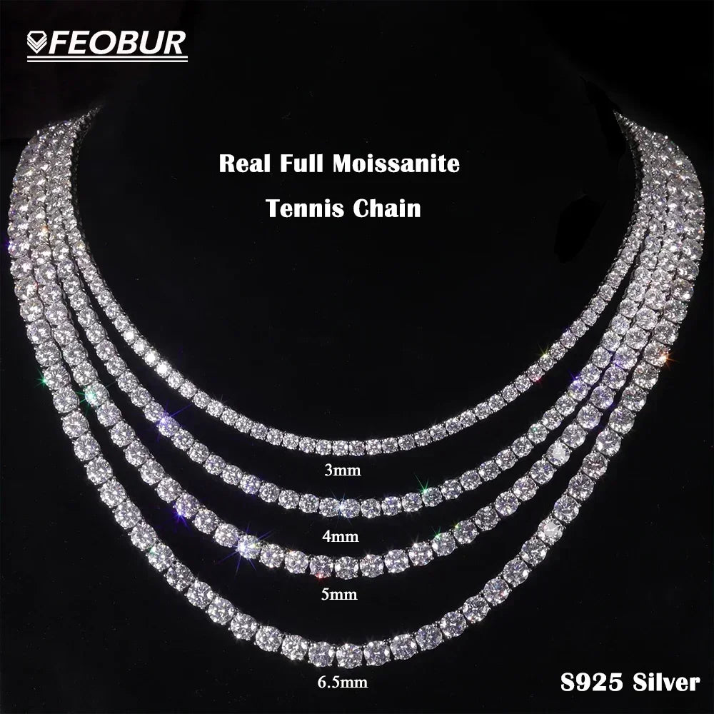 FEOBUR 3/4/5mm Real Moissanite Tennis Necklace for Women Men S925 Silver Certified Full Diamond Neck Chains Trendy