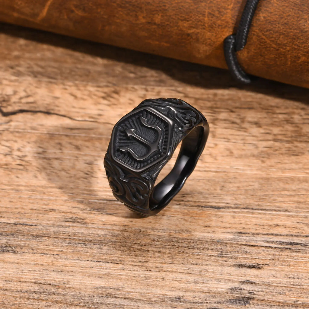 Trident Stamp Black Signet Ring — Stainless Steel